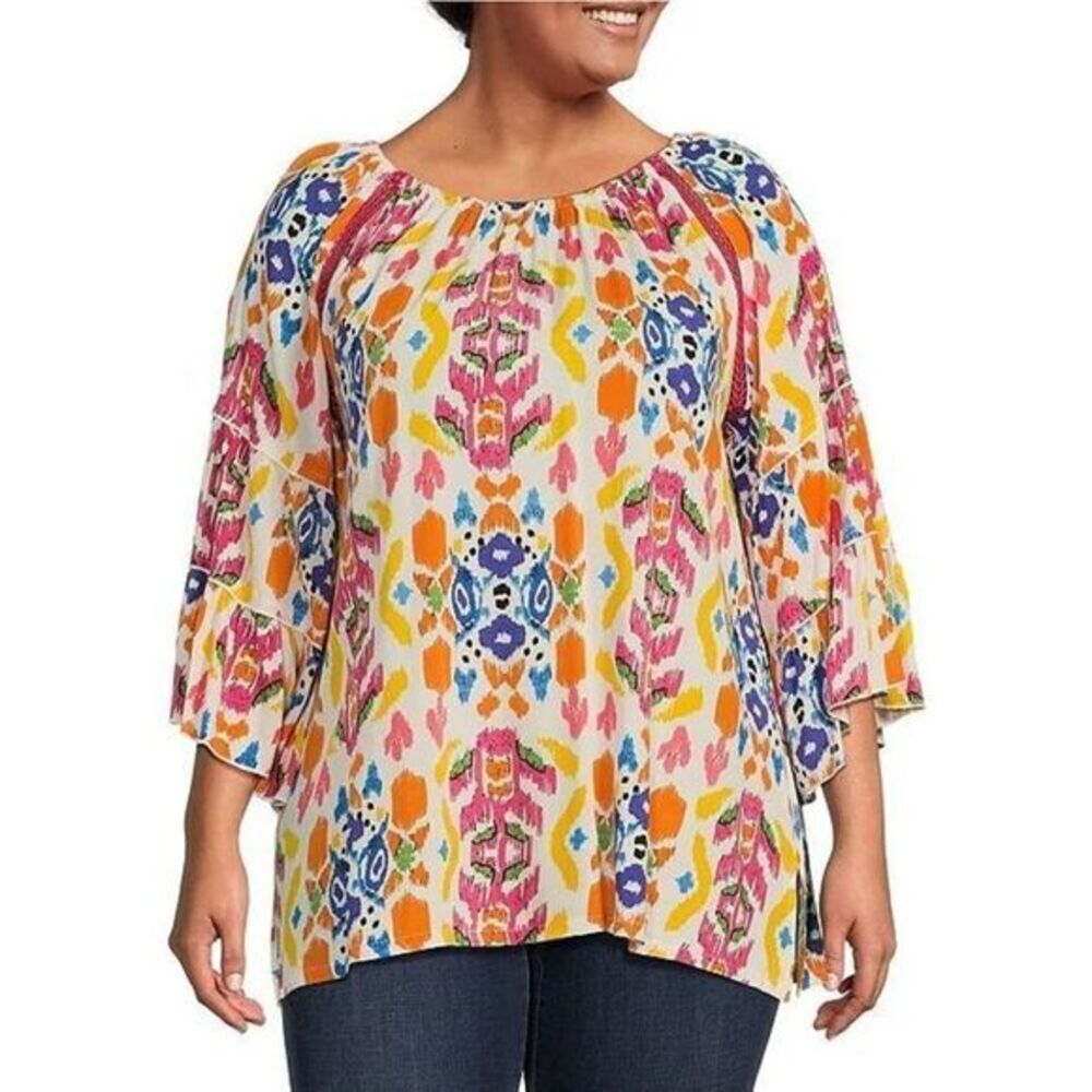 Calessa Boho Print Peasant Blouse 2X Bell Sleeve